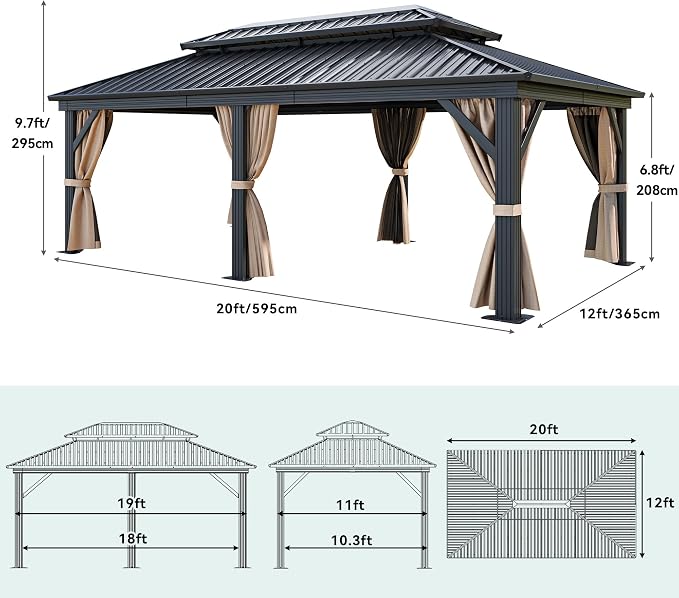 YITAHOME 12x20ft Gazebo Hardtop Canopy Heavy Duty Double Roof Outdoor - Image 4