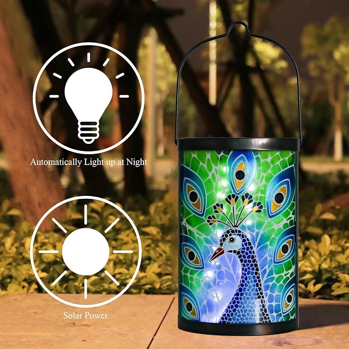 Hanging Solar Lantern Outdoor Waterproof Peacock Solar Lights Glass Tabletop - Image 2