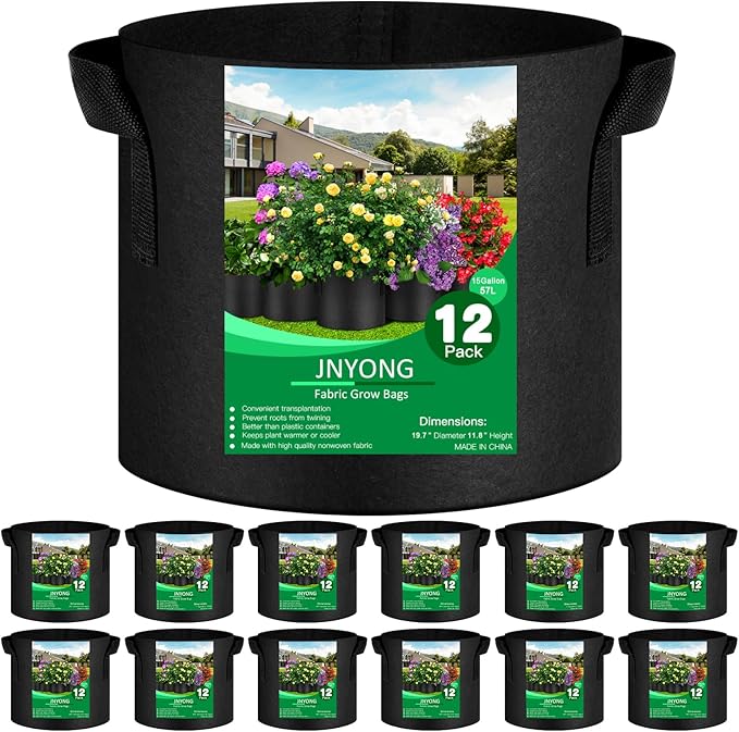 12-Pack 15 Gallon Thickened Non-Woven Grow Bags, Aeration Fabric Pots by JNYONG