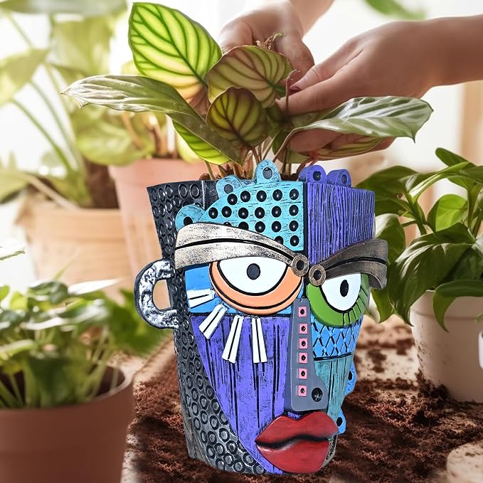 Abstract Face Planter Pots for Plants, Hand-Painted Colorful Flower Pots - Image 2