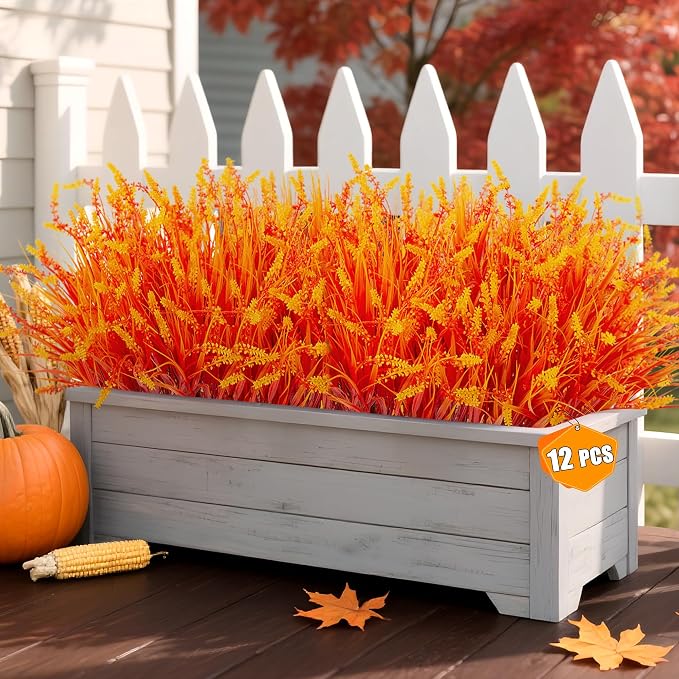 Artificial Fake Plants Flowers for Outdoors Fall Decor, 12 Bundles Fall Leaves by Ammyoo
