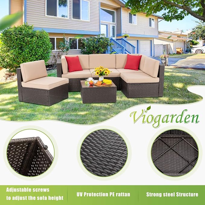 Vongrasig 6 Pieces Outdoor Patio Furniture Set, PE Wicker Rattan Sectional Sofa - Image 5