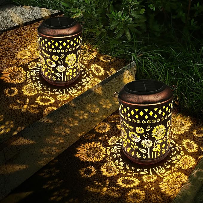 Kaixoxin Solar Garden Decor Metal Lantern Sunflower Table Lamp Bronze Outdoor - Image 4