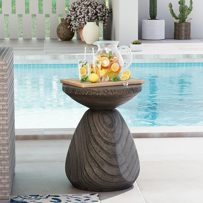 COSIEST Outdoor Side Table Colored Faux Wood, Stump End Stool w Tree Rings - Image 6
