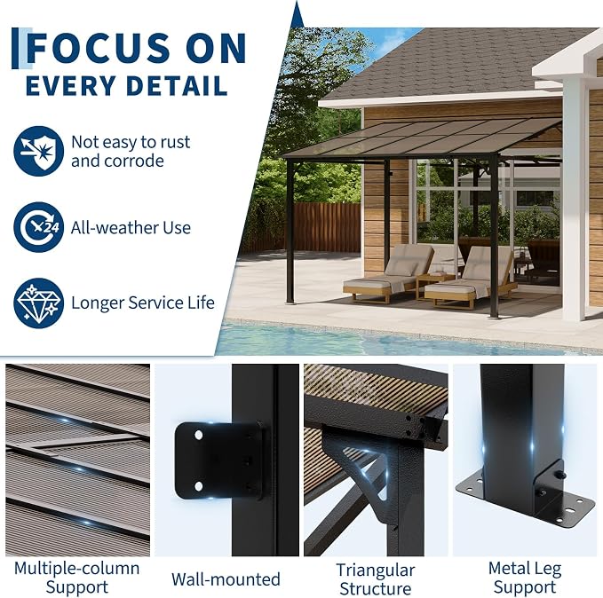 Garvee 10x10 ft Outdoor Lean to Gazebo, Wall Mounted Patio Hardtop Gazebo - Image 3