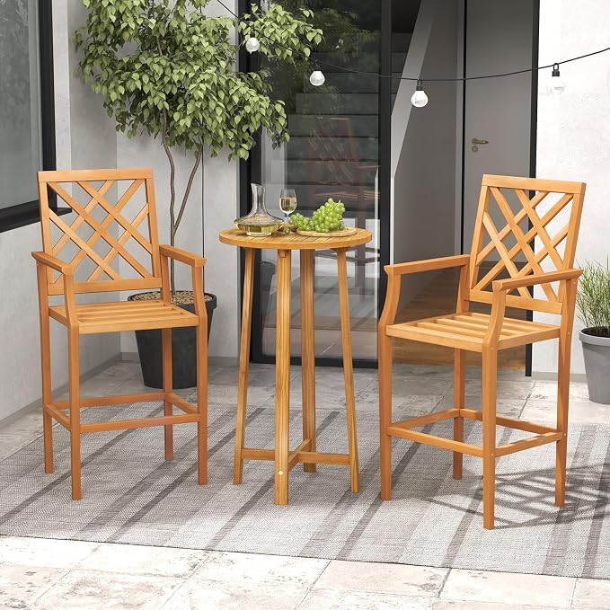 Tangkula 3 Piece Patio Bar Set, Teak Wood Bistro Furniture - Image 2