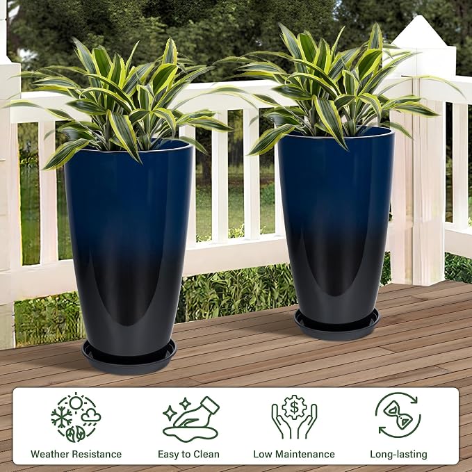 Set of 2 Lightweight Ceramic-Look Tall Planter, 21 inch Large Plastic Planter - Image 2