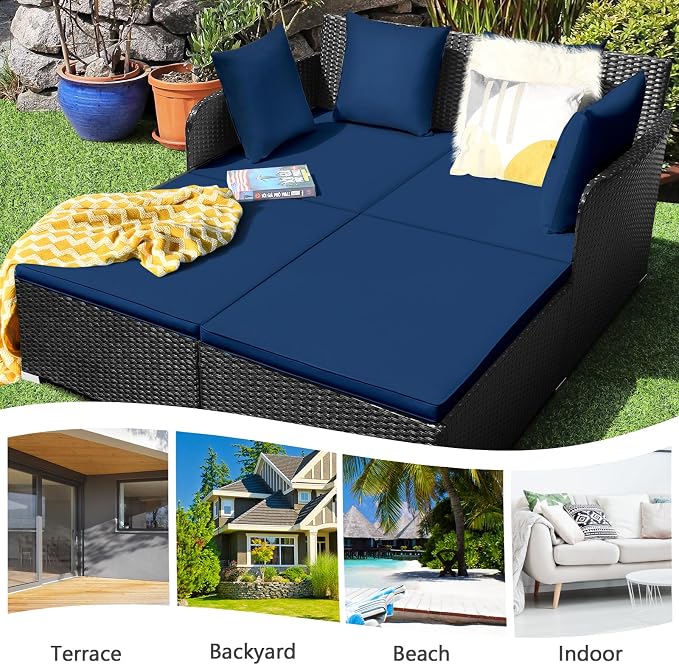 Outdoor Rattan Daybed, Patio Loveseat Sofa Set w/Comfortable Cushions, Extra - Image 4