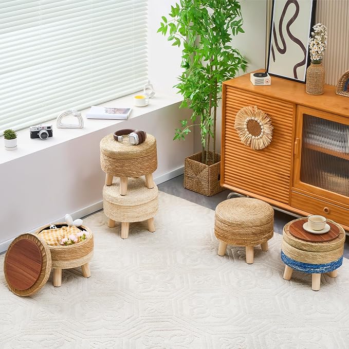 Cpintltr Storage Ottoman Poufs Handwoven Footstool Natural Seagrass Round - Image 7