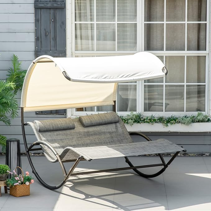 Outsunny Outdoor Double Chaise Rocking Chair, Day Bed Sun Lounger - Image 2