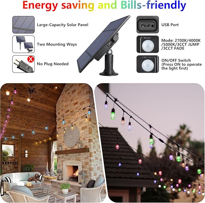48FT Solar Outdoor RGB String Lights, 15+3 Waterproof Shatterproof LED Bulbs - Image 5