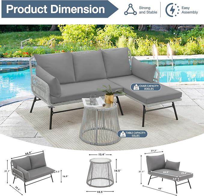 EROMMY 3 Piece Boho Patio Conversation Sets, L-Shaped Sectional Patio Furniture - Image 3