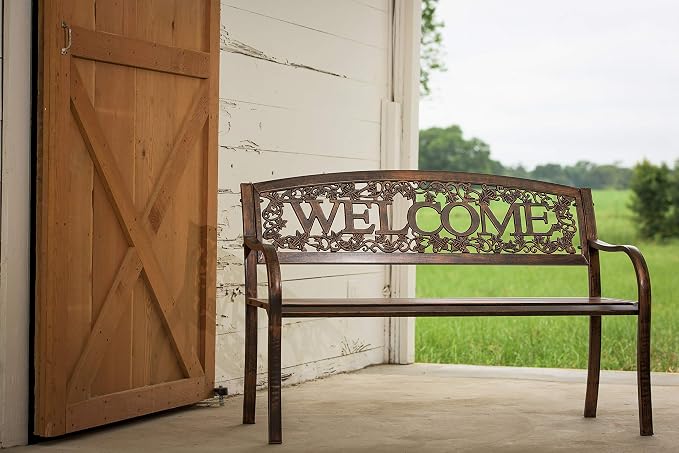 Leigh Country Metal Outdoor Bench, Welcome Design, Decorative Patio Seating - Image 7