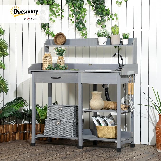 Outsunny Potting Bench Table, Outdoor Garden Table Wooden Work Station - Image 2