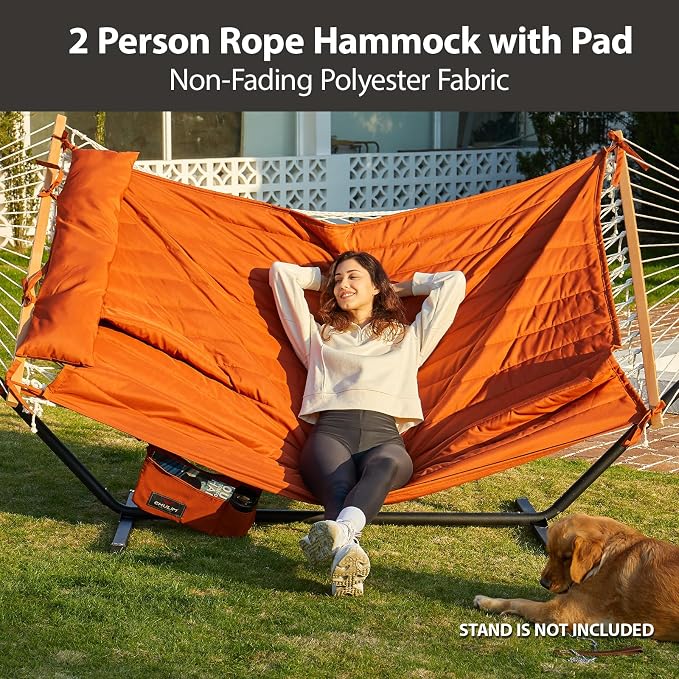 Outdoor Double Hammock with Hardwood Spreader Bars, Large Rope Hammock with - Image 2