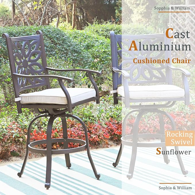 Sophia & William Cast Aluminum Patio Bar Chairs Set of 2, Bar Height Swivel - Image 7