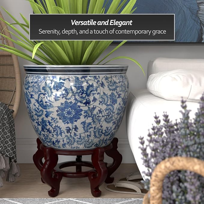 Red Lantern Large 22" Porcelain Fishbowl Blue & White Floral Planter - Image 5