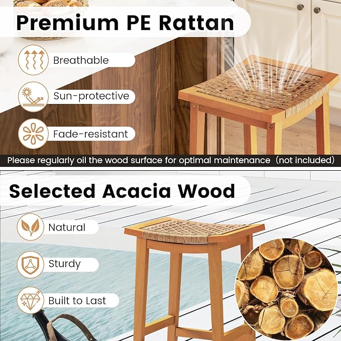 Giantex Outdoor Wooden Bar Stools Set of 4, Solid Acacia Wood Bar Height Stools - Image 7