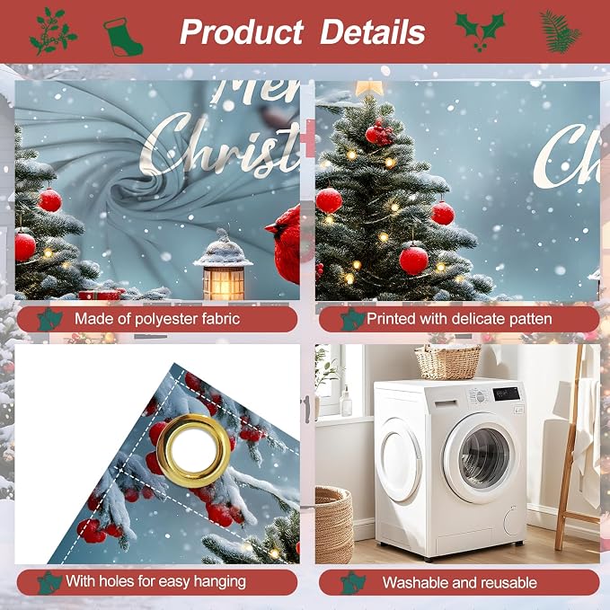 Christmas Garage Door Banner 6x13FT, Cardinal Bird & Ornament Christmas Tree - Image 3
