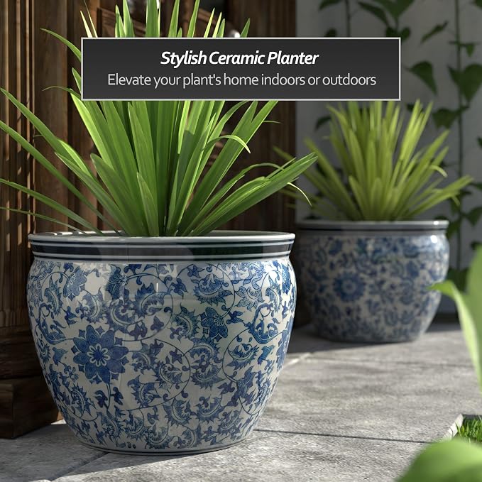 Red Lantern Large 20" Porcelain Fishbowl Blue & White Floral Planter or Cachepot - Image 2