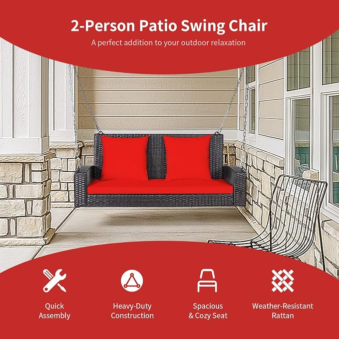 RELAX4LIFE Porch Swing 2-Seat Patio Rattan, Wicker Porch Swings Outdoor W/Two - Image 5