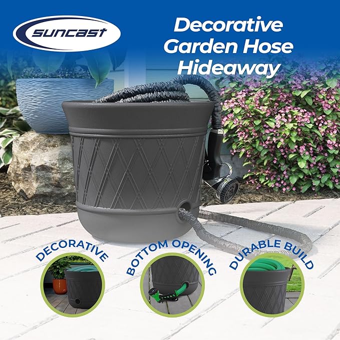 Suncast Lattice Hose Pot for Outdoor Garden Storage, Peppercorn - Image 2