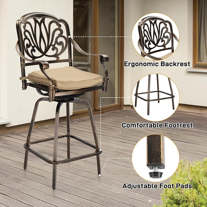 Outvita 2 Piece Outdoor Patio Swivel Bar Stools, All-Weather Cast Aluminum Bar - Image 4
