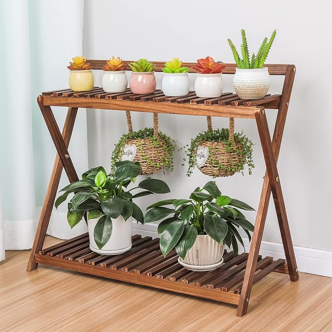 Indoor Plant Stand for Multiple Plants 2 Tier Wood Corner Plant Shelf Rack - Image 6