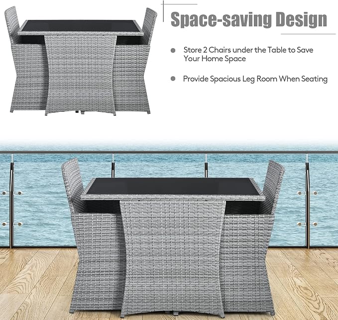 Tangkula 3 Pieces Patio Dining Set, Patiojoy Space-Saving PE Rattan Bistro Set - Image 6
