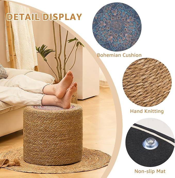 Wimarsbon Round Pouf Ottomans, Handwoven Natural Water Hyacinth Seagrass Pouffe - Image 4