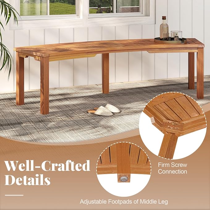 Tangkula Outdoor Curved Bench, Acacia Wood Fire Pit Bench w/Slatted Seat - Image 6
