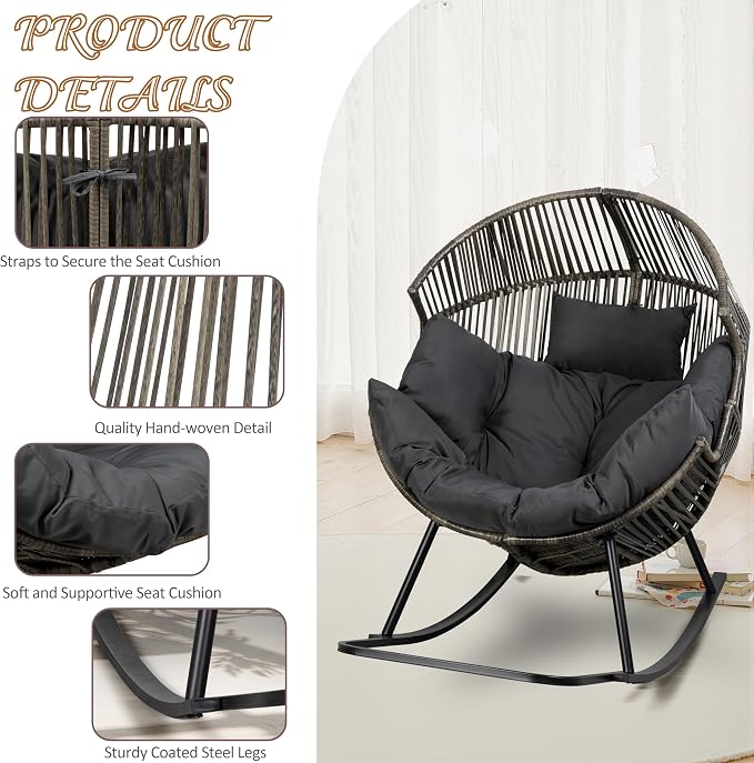 Shintenchi Wicker Egg Chair, Oversized Outdoor Indoor Rocking Chair, Large PE - Image 5