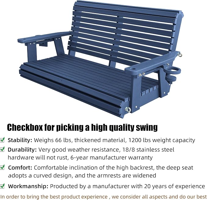 HDPE Porch Swing with 18/8 Stainless Steel Bolts, Ergonomic Design, Ultra - Image 3