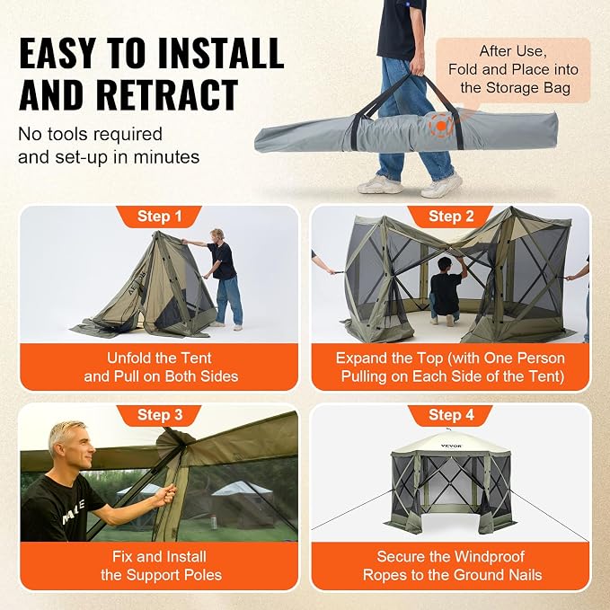 VEVOR Pop Up Gazebo Screen Tent 6 Sided Canopy Sun Shelter - Image 6