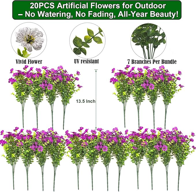 20 Bundles Artificial Flowers for Outdoors, UV Resistant Fake Plants Flowers - Image 2