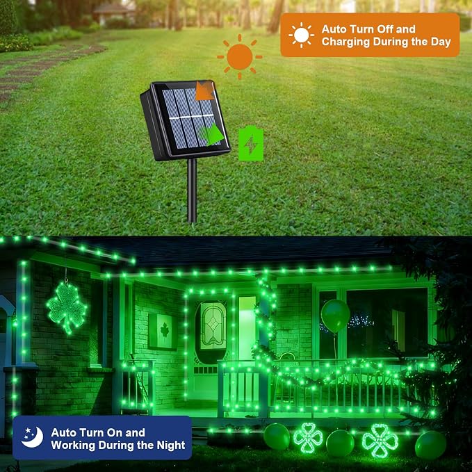 QITONG 2 Pack Green St Patricks Day Lights, Each 33ft 100 LED Solar Rope Lights - Image 3