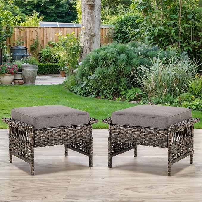 Patio Ottomans 2 Piece Outdoor Wicker Ottomans PE Rattan Footrest - Image 2