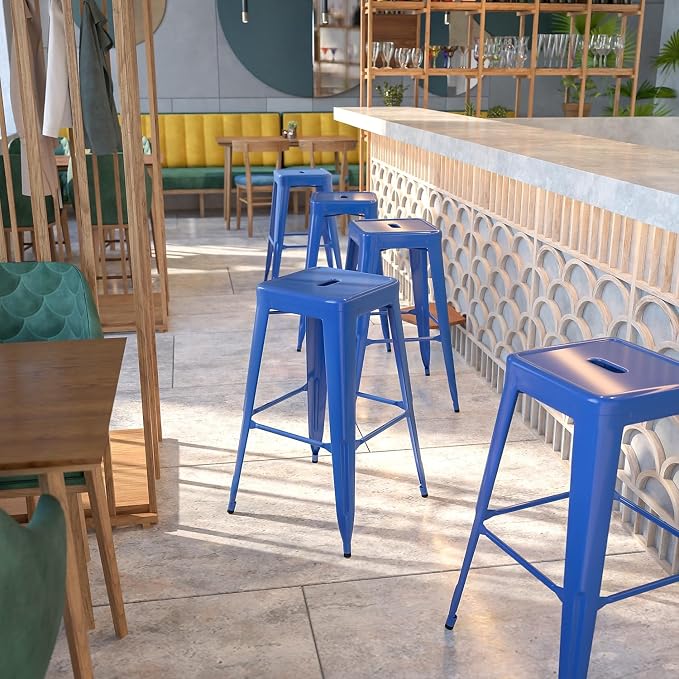 Flash Furniture Commercial Grade 30" High Backless Blue Metal Indoor-Outdoor - Image 2