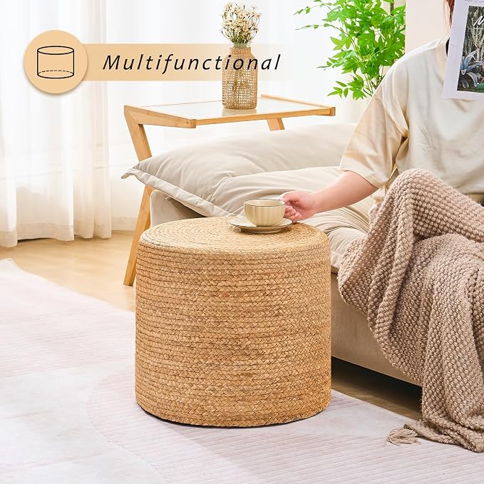 Handwoven Ottoman Pouf, Natural Water Hyacinth Footstool, Round Braided Outdoor - Image 2