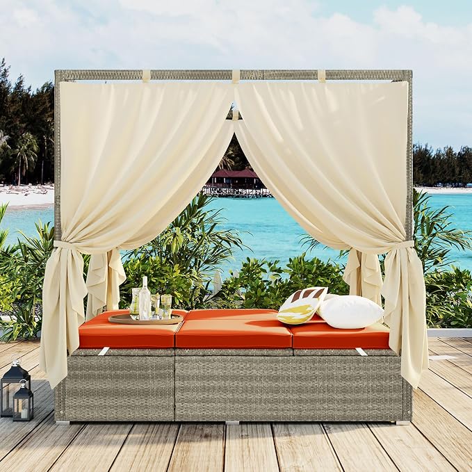 Patio Chaise Lounge, Four-sided Canopy, Overhead Curtain and Orange Cushion - Image 2