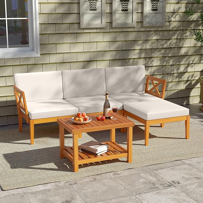 Tangkula L Shaped Outdoor Furniture Set, 5 Pieces Acacia Wood Patio - Image 4