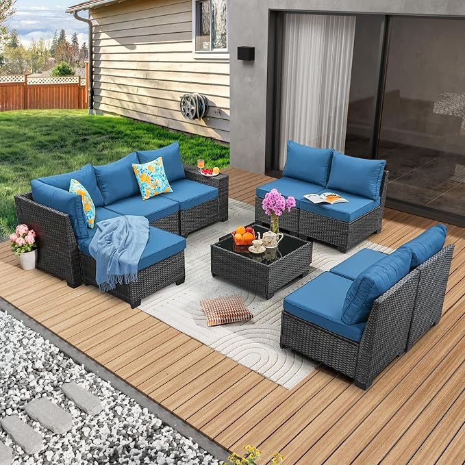 9 Pieces Patio Furniture Set All-Weather Outdoor Wicker Sectional Conversation by JOYURE