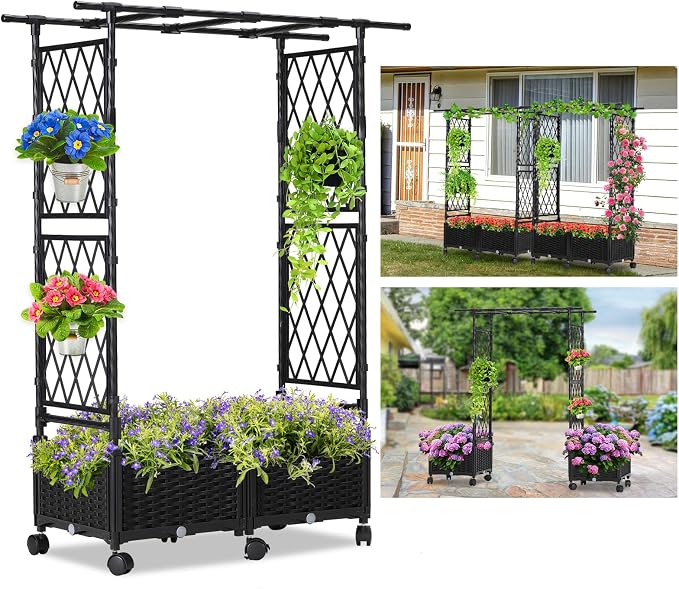 Planter Box with Trellis Outdoor, 53.1in Plastic Raised Garden Bed with Trellis by follook