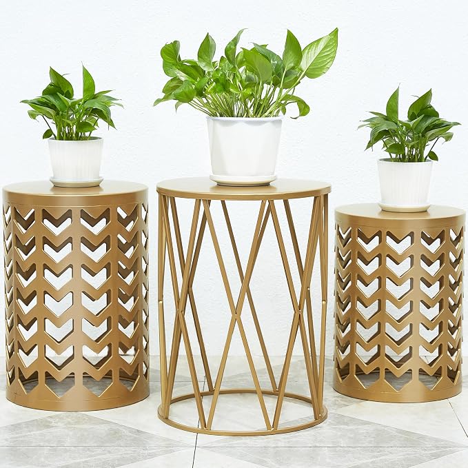 Nesting Side Table Set of 3 Decorative Round Garden Stools - Image 2