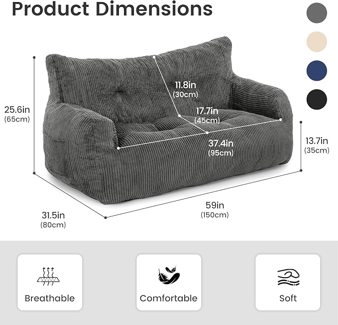 Pamapic 59" Bean Bag Chair, 2 Seat Loveseat Sofa, Ultra Soft Dutch Velvet - Image 2