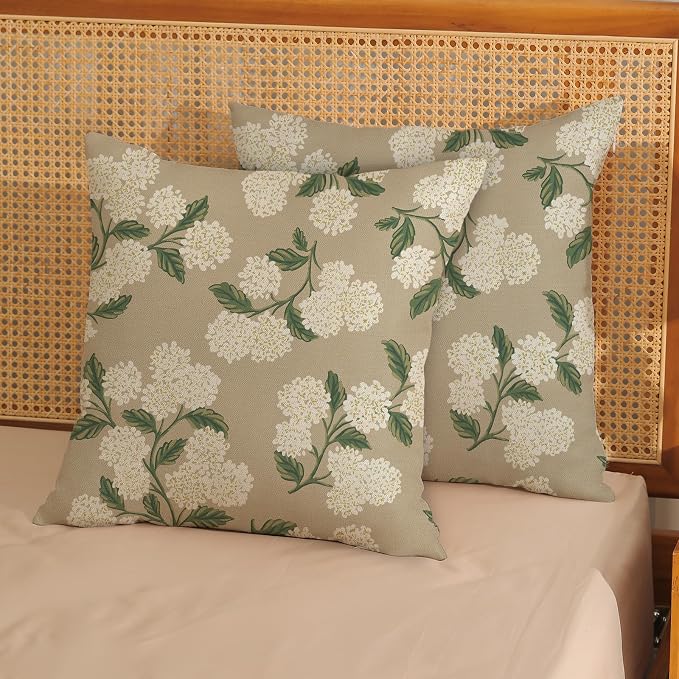 Beige Spring Pillow Covers 24x24 Inch 2 Pcs Khaki Green Hydrangea Flower Decor - Image 2