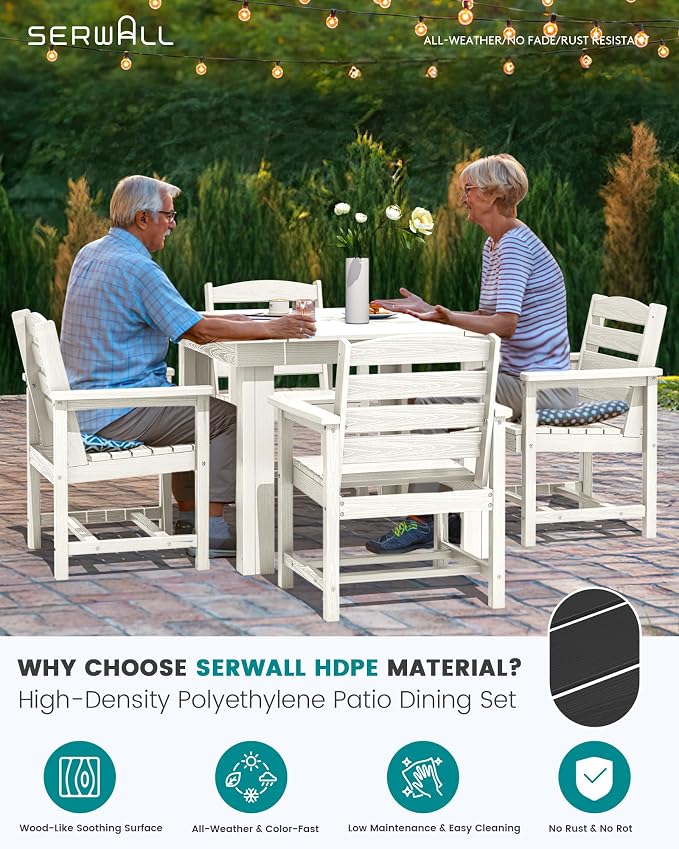 SERWALL Outdoor Dining Set for 4, HDPE Square Table and Chairs Set All Weather - Image 4