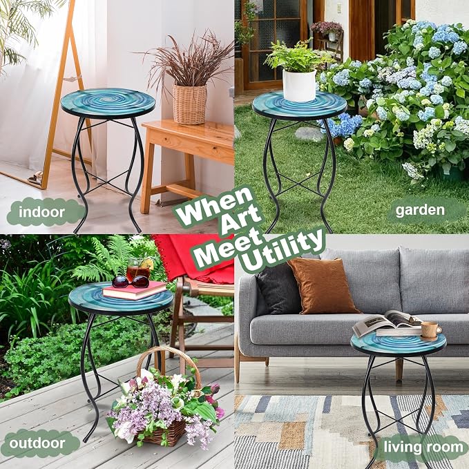 VCUTEKA Patio Side Table Outdoor Accent Table Small Mosaic Table Coffee Table - Image 4