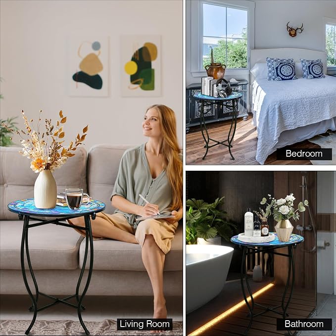 Indoor Outdoor Metal Round Side Table, 14 Inch Round Patio Coffee Bistro Table - Image 5