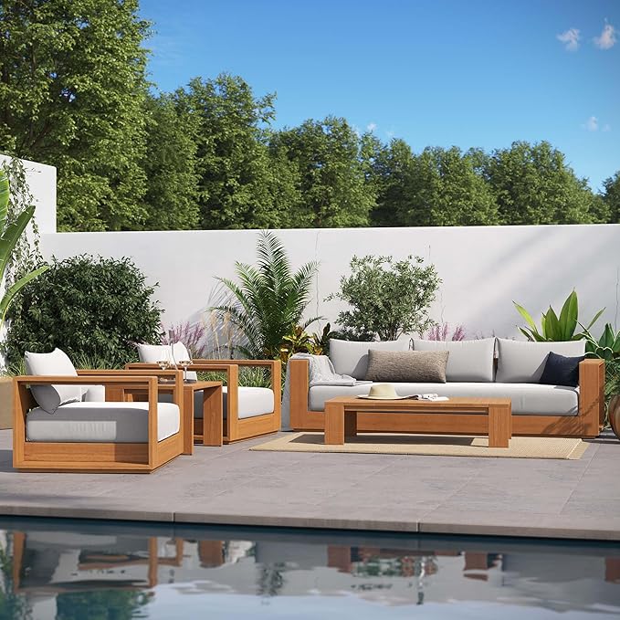Modway Tahoe Acacia Wood 5-Piece Outdoor Patio Furniture Set in Natural Light - Image 4